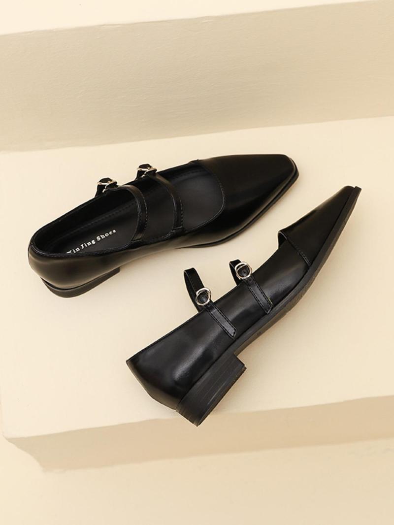 Retro English Style Mary Jane Shoes for Women, Square Toe Casual Buckle Flat Shoes for Commuting, PU Leather Trendy Footwear