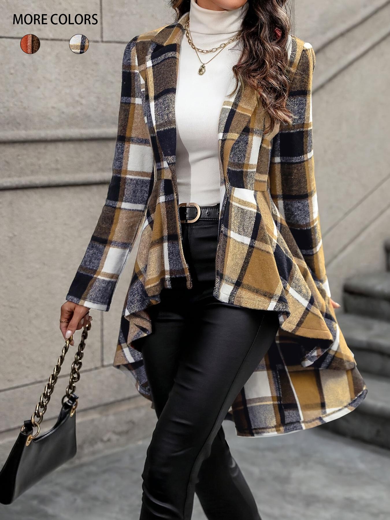 Women's Plaid Print Button High Low Hem Fitted Casual Fashion Jacket Coats, Casual Long Sleeve Lapel Neck Open Front Outerwear for Fall & Winter, Ladies Clothes for Daily Wear, Womenswear Everyday