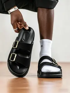 1 Pair Couple Buckle Slide Sandals, Retro Suede Material, For Summer Commutes & Beach Vacations