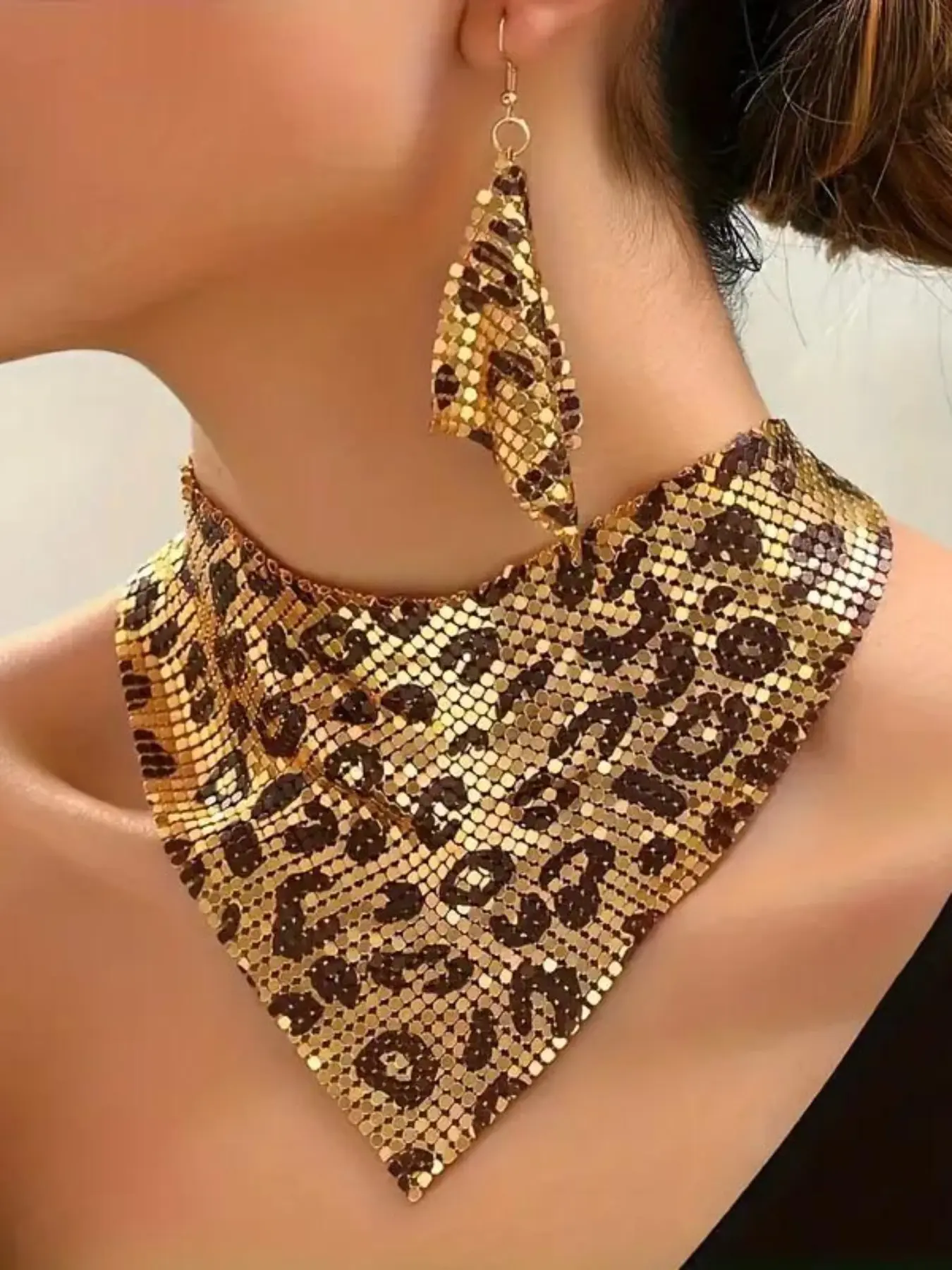 Leopard Print Beaded Triangle Scarf Necklace & Earrings Set, Bold Collar Chain, Perfect for Parties and Daily Wear, Trendy Jewelry