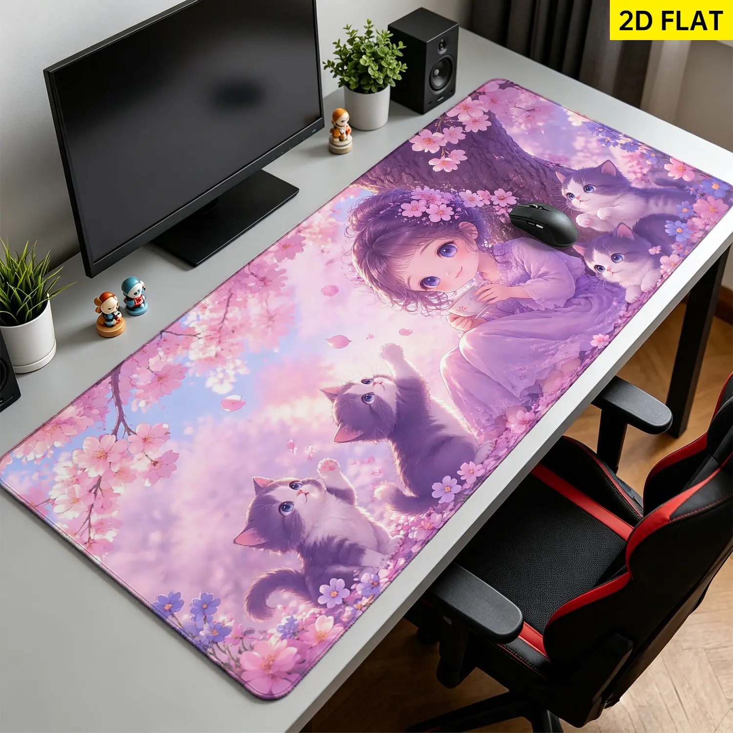 Extra Large cherry blossom anime girl and kittens Mouse Pad,Non Slip Rubber Pad,Desktop Decoration Drotection Pad,Washable,Lock Edge Multi Size,Premium Multipurpose Mousepad For Home,Office,Gift for Family and Friends