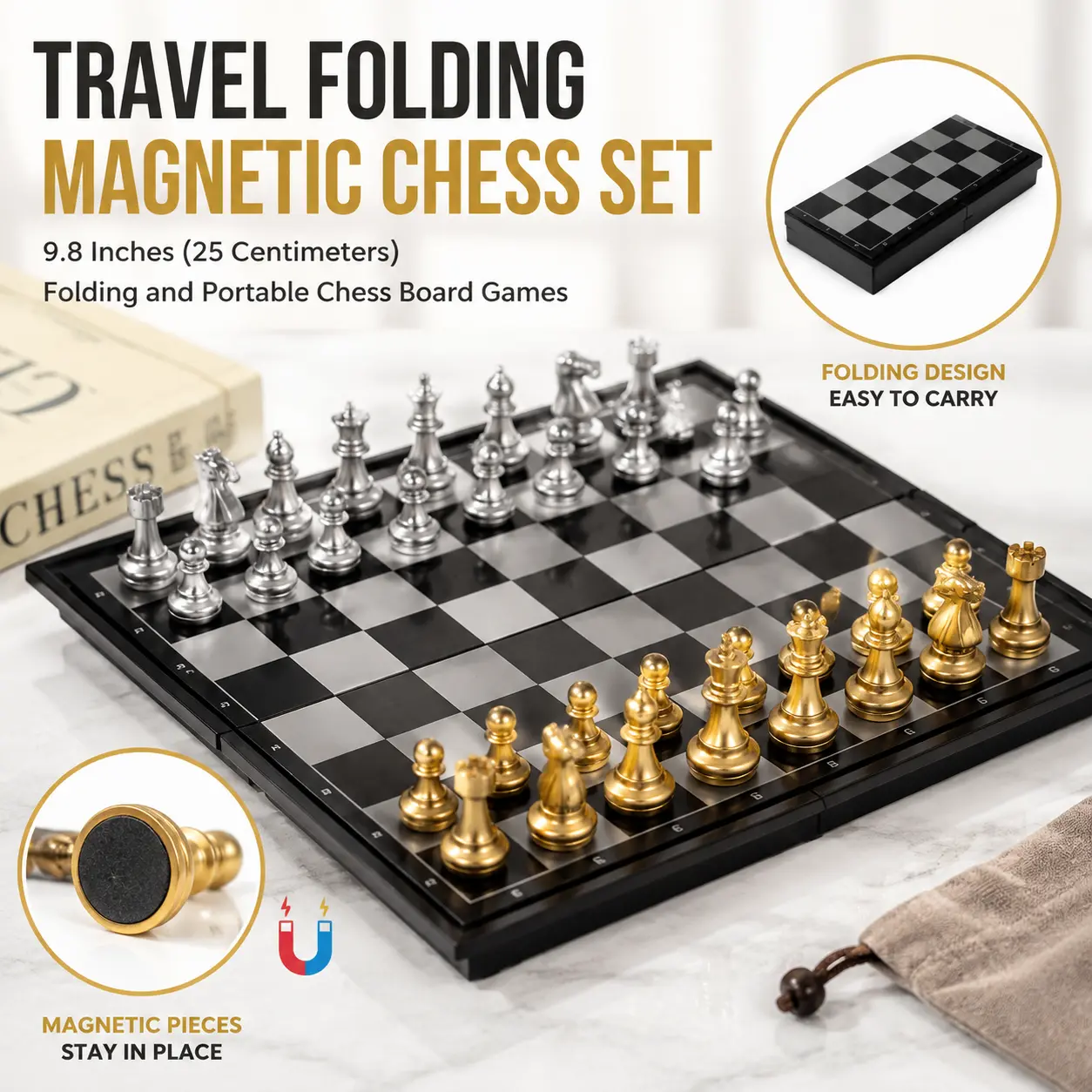 Magnetic Folding Chess Set, Portable Travel Chess Board Game with Magnetic Pieces, 9.8 Inch Classic Strategy Game for Kids Adults Family & Beginners, Educational Gift