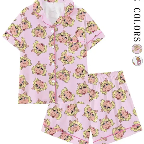 Women's Cute Pink Pig Character Print Pajama Set, Short Sleeve Button Down 2-Piece Loungewear, Pajama Lounge Sets, Adorable Cartoon Pig Sleepwear with Pink Trim,Perfect for Summer Nights & Sleepovers, Lounge Pjs Set
