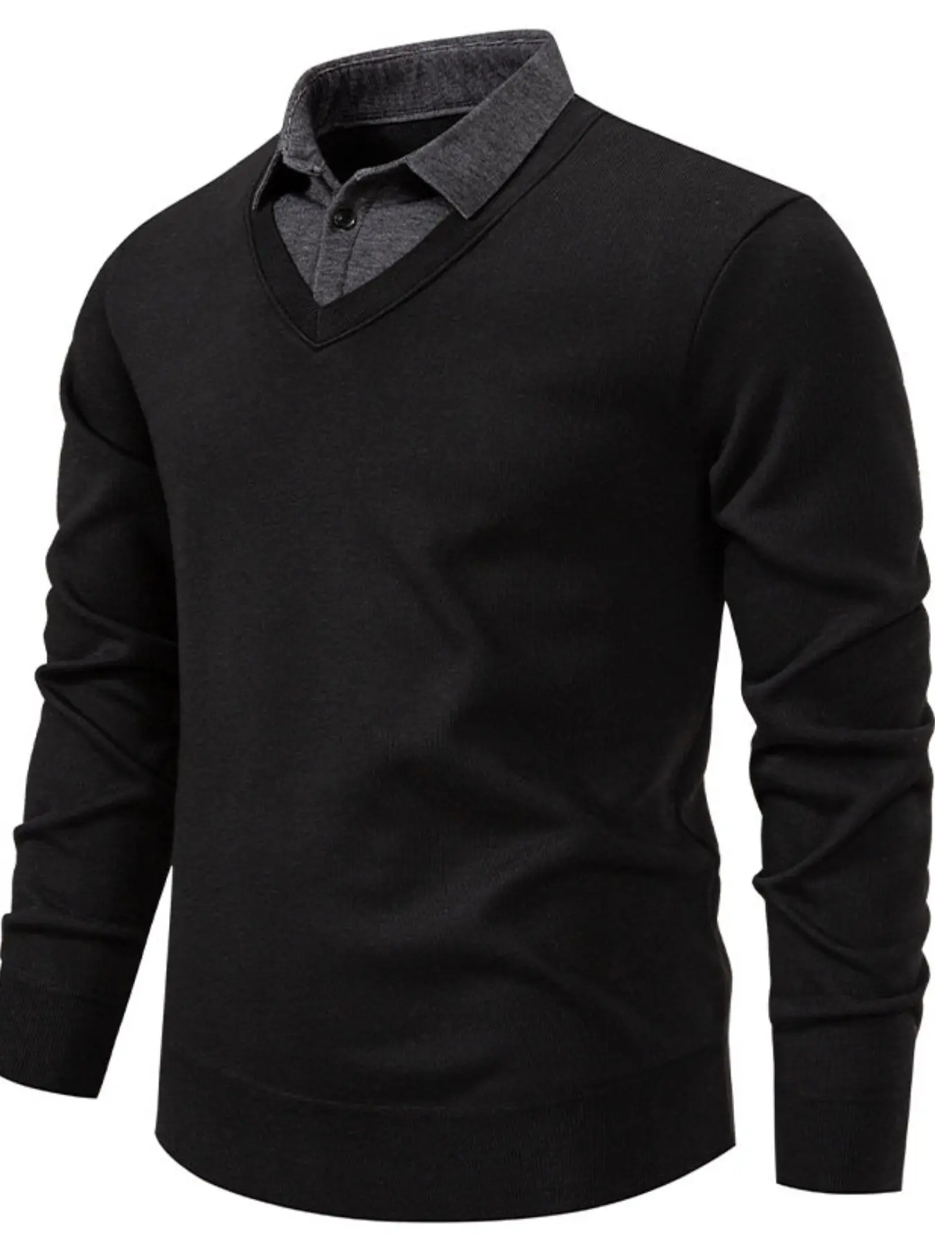 Men's Knit Sweater with Long Sleeve, Shirt Collar and V-Neck Design, Soft Knitted Fabric, Slim Fit, Business Casual Style