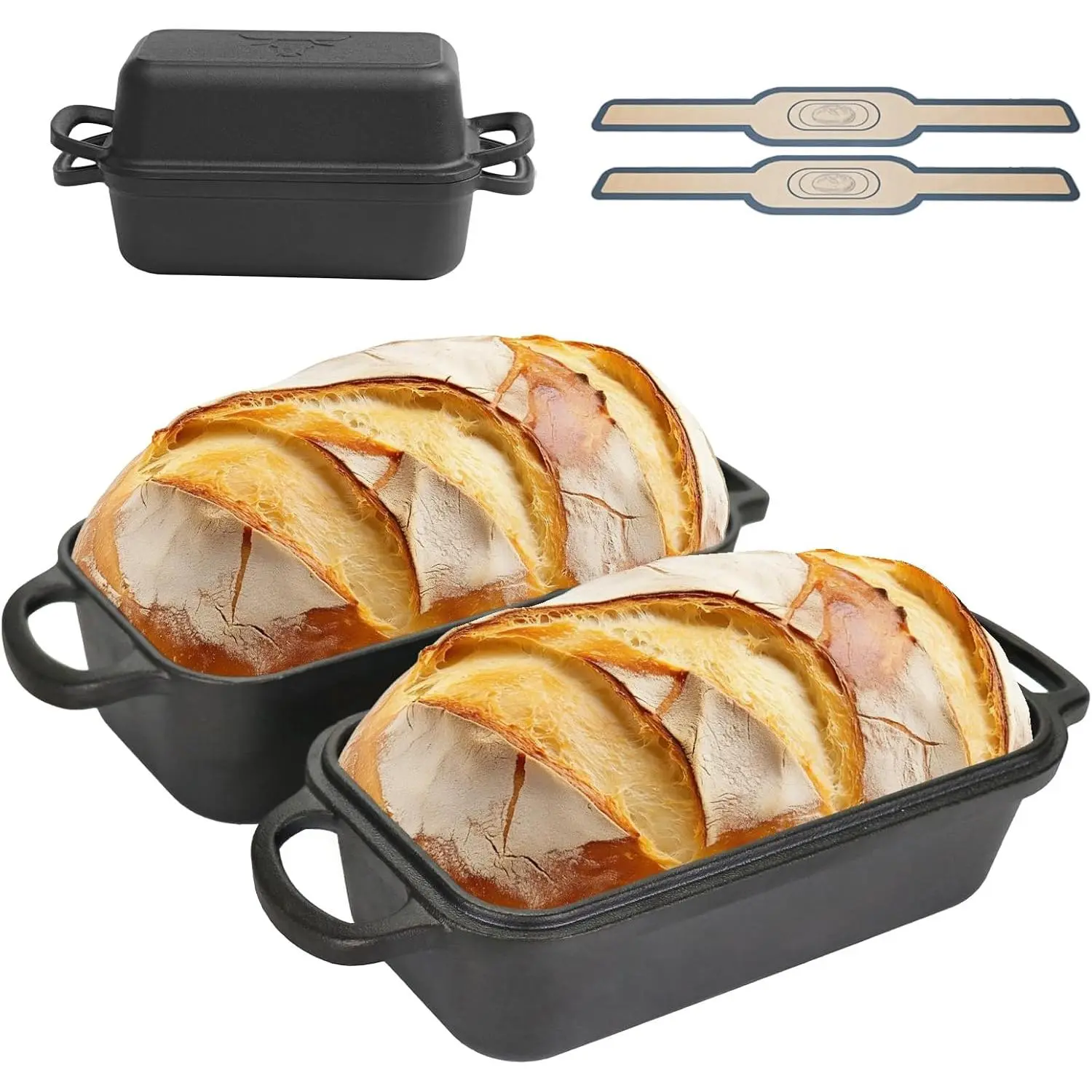 Cast Iron Bread Pan with Lid, Cast Iron Bread Loaf Pan with 2  Bread Mats, Sourdough Loaf Pan with Lid, Heavy Duty Loaf Pans for Oven Baking Bread, Bread Pans for Homemade Bread(Black)