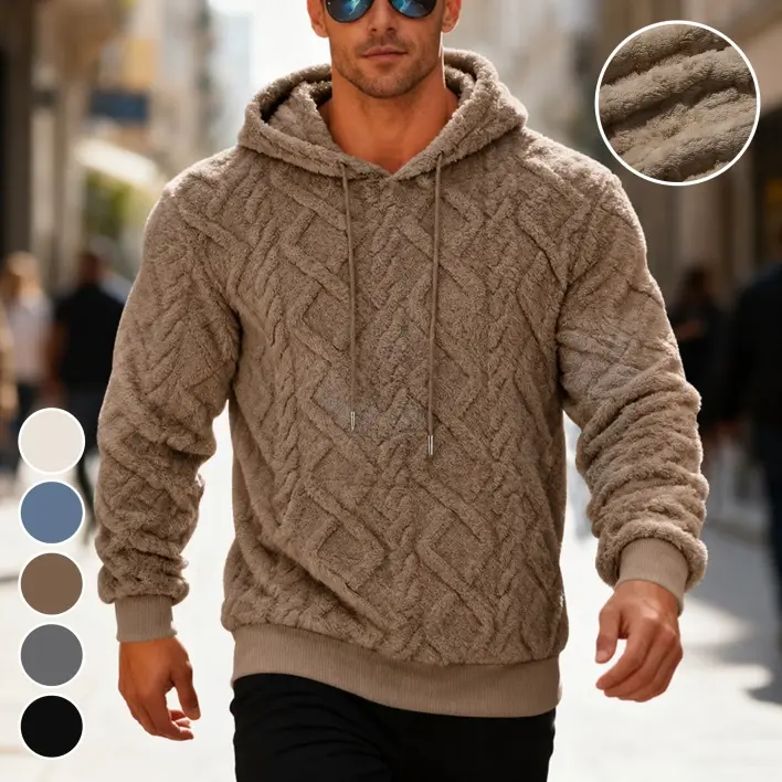 Men’s Fuzzy Sherpa Pullover Hoodie, Warm Plush Textured Long Sleeve Hooded Sweatshirt with Drawstring, Relaxed Fit Casual Streetwear for Fall & Winter