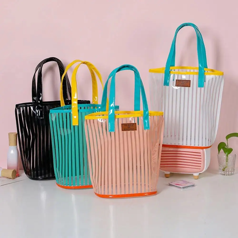 Thickened PVC Transparent Wash Bag - Large Capacity, Waterproof Stripe Print, 32x28x16cm, Mesh Drainage, Portable Beach Handbag for Travel Shopping Sundry Storage Organization, Beach Use