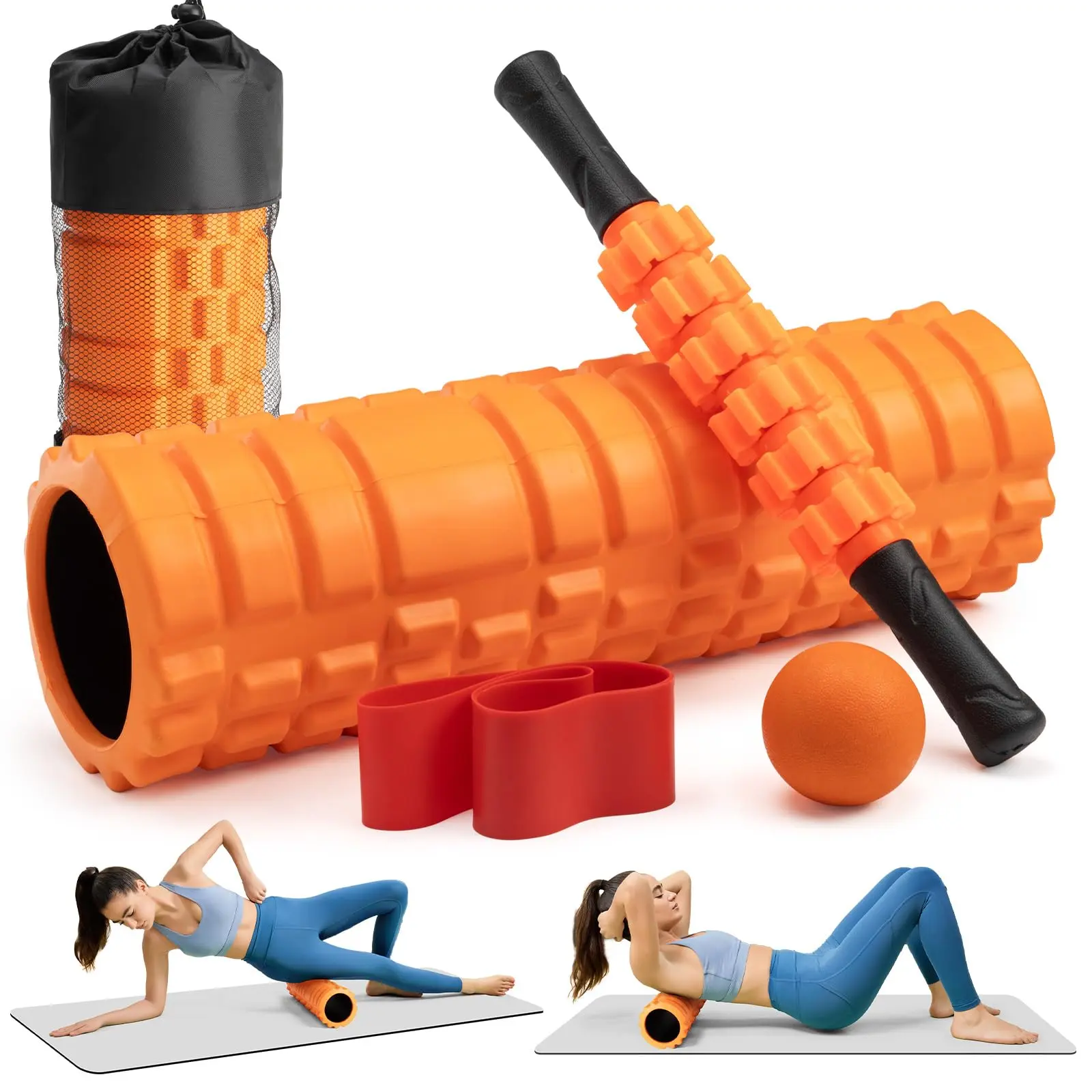 5-in-1 orange foam roller set, including a hollow massage foam roller, yoga stick, massage ball, fitness stretching band, and storage bag. A classic yoga roller set to help relieve muscle soreness during workouts. Workout Equipment