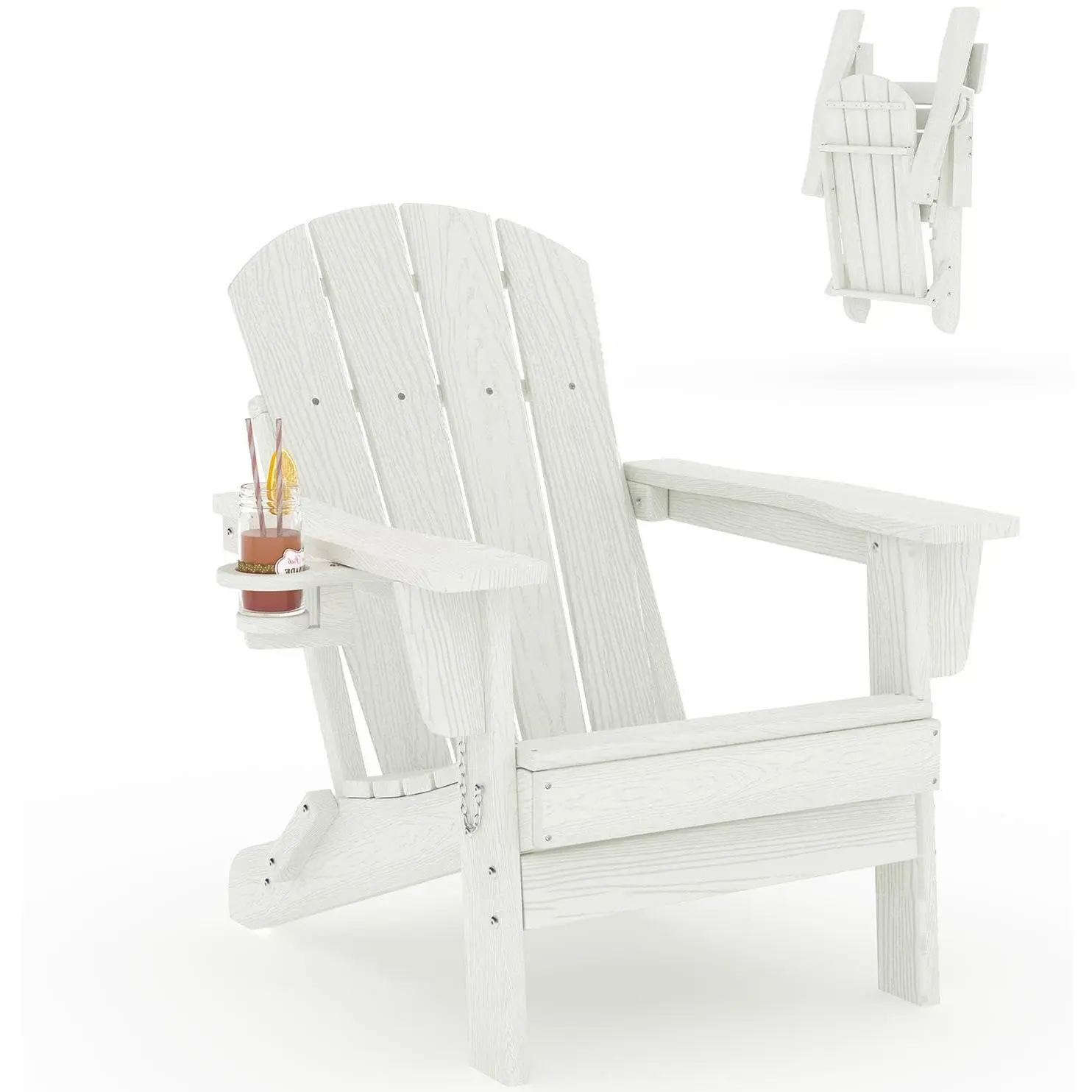 All-Weather Collapsible Adirondack Chair – HDPE Outdoor Patio Chair with Wooden Texture, Cup Holder, Rainproof & Water-Resistant, Sturdy Seating for Lawn, Deck, Fire Pit, Garden, Easy Assembly