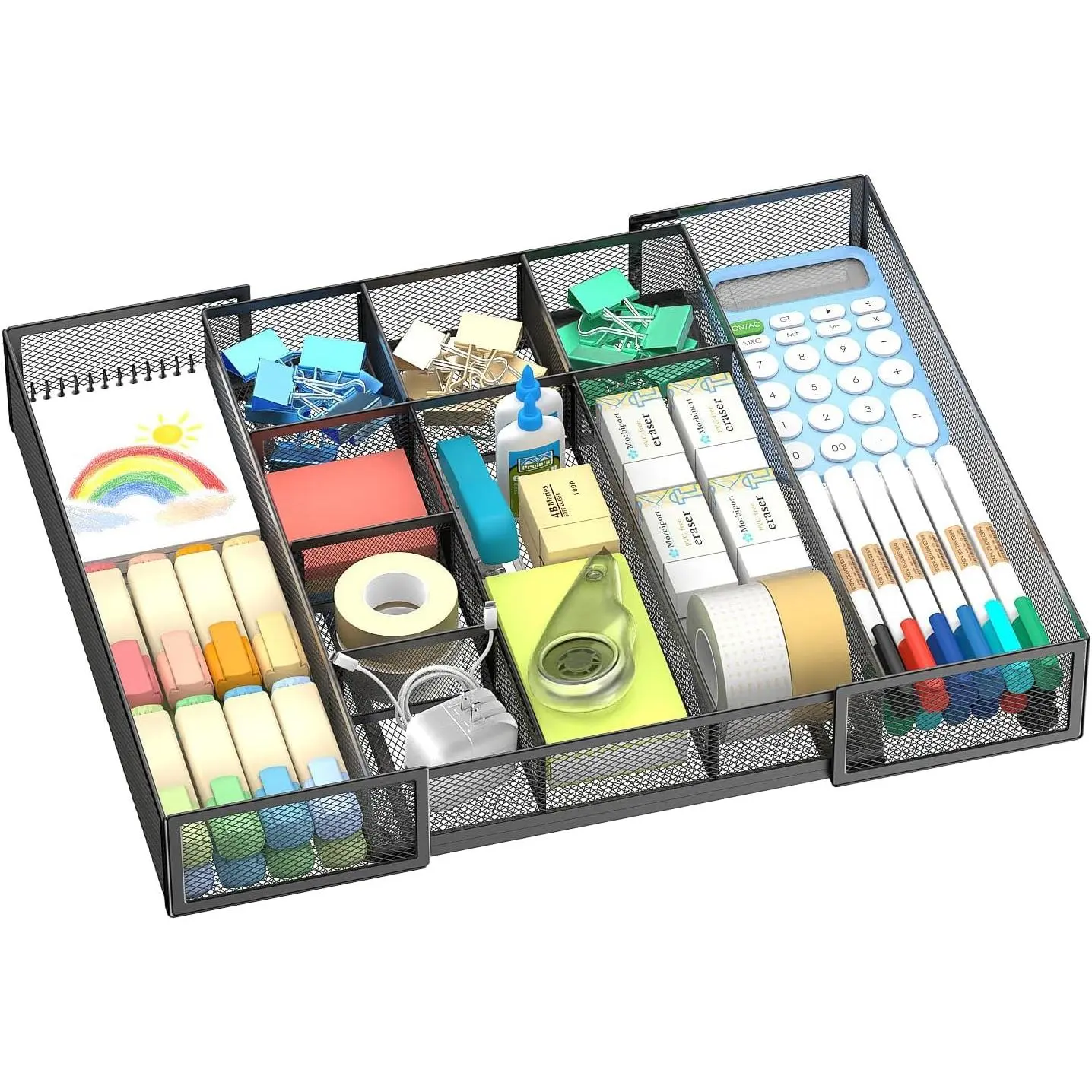 Expandable Desk Drawer Organizer, 10 Adjustable Compartments, Black | Metal mesh drawer organizer tray with 5 removable dividers, expands from 8.74 to 16 in for office supplies, makeup or tools
