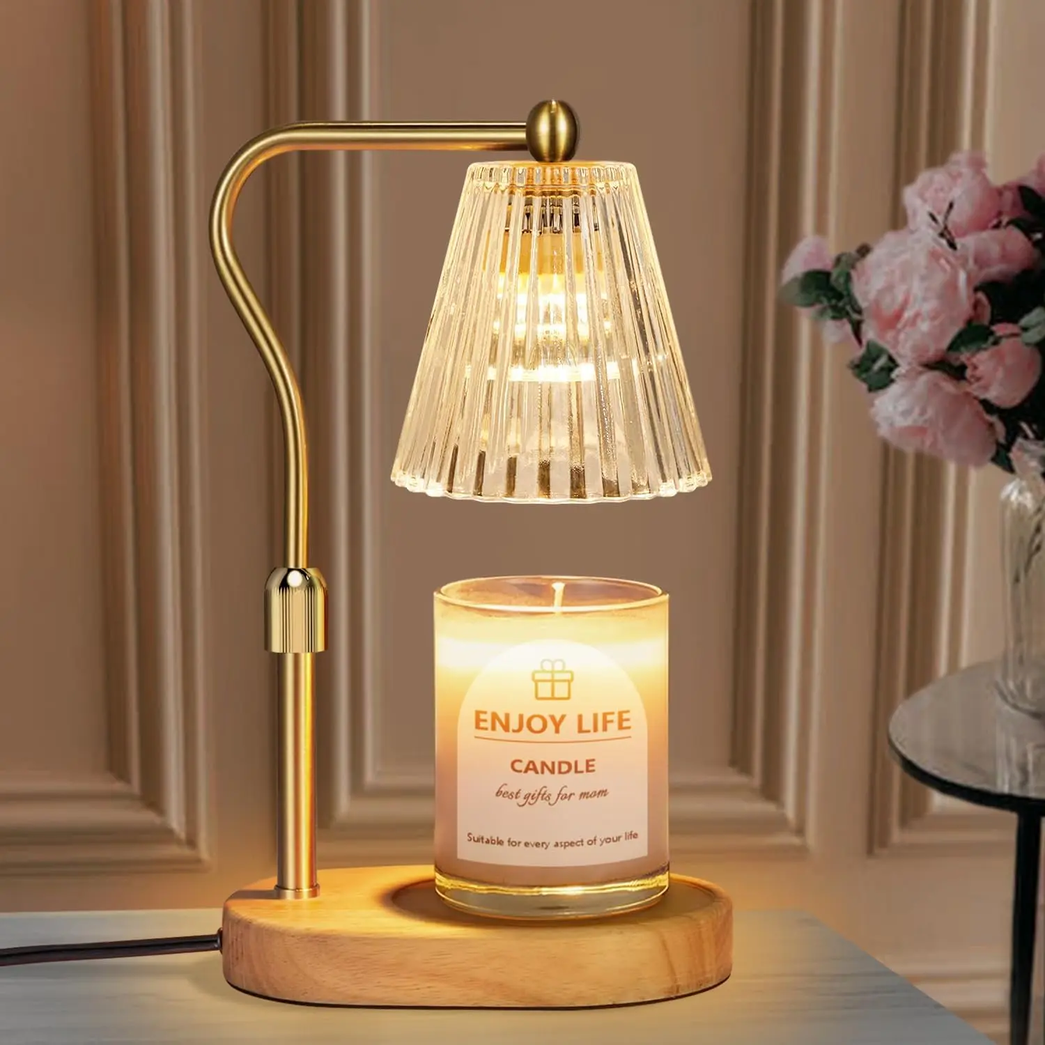 Vintage Wooden Base Candle Warmer Lamp - Wax Melter with Timer Control, Dimmable Light, Adjustable Height, Scented Jar Compatible, Home Decor for Bedroom, Ideal Gift for New Home