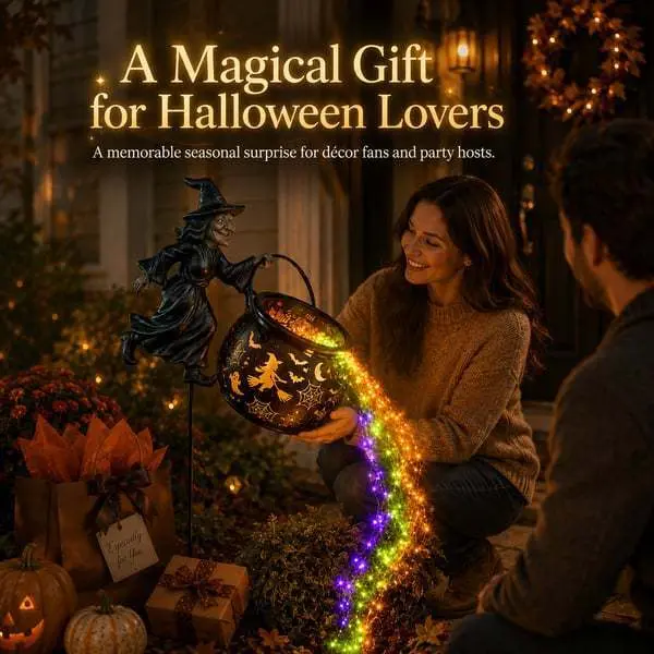 Solar watering can light, with flowing LED waterfall light effect, solar outdoor decorative light, Halloween decoration, witch-shaped design, suitable for Halloween decoration in courtyards, lawns, and backyards