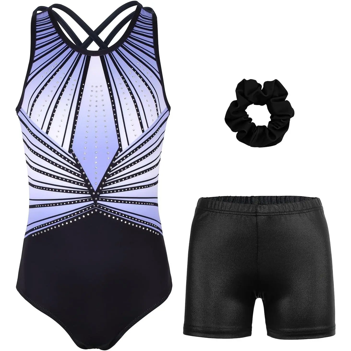 Gymnastics Leotards for Girls with Shorts Cross Back Activewear | Stretchy breathable fabric,sparkly Diamonds&Prints,with shorts&Hair tie for ballet/sports/gyms,machine wash,4-13Years