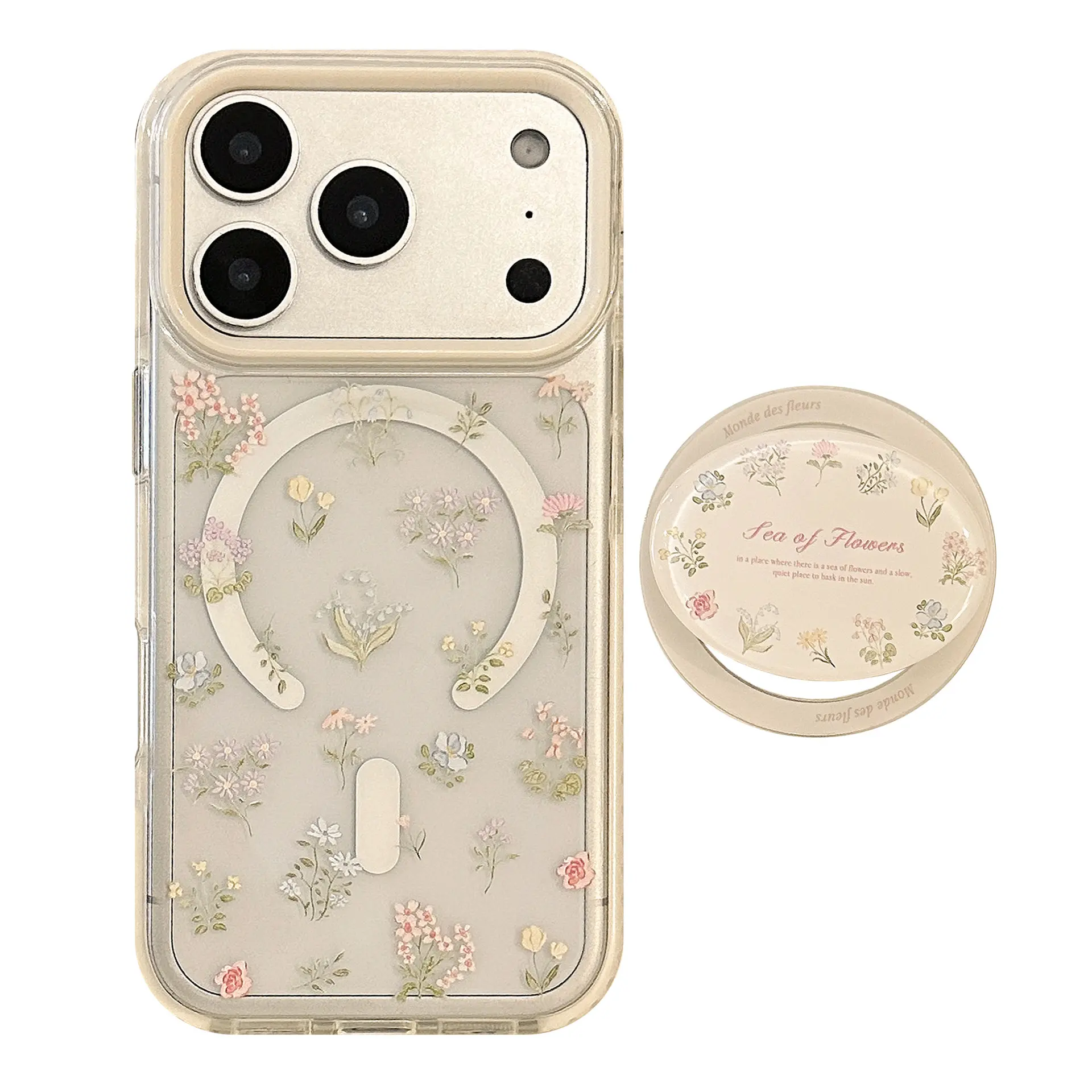 (Case & Nova.)Cute Small Floral MagSafe Clear Phone Case with Matching Floral Pop Socket Kickstand, Slim Shockproof Cover for iPhone 17 Pro Max, 16, 15, 14, 13, 12, 11 flower magnetic protective stylish appearance