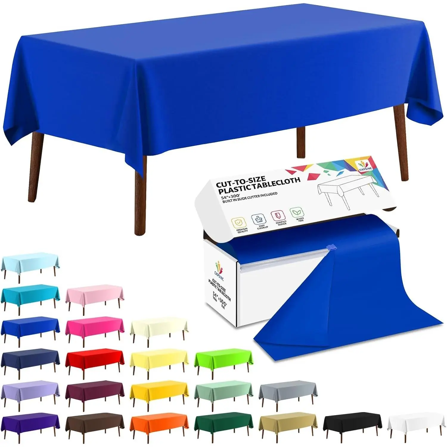 54 Inch X 300 Feet Plastic Table Cover Roll Disposable Tablecloth with Slide Cutter for All Type/Shape Tables | Party, Banquet, Birthdays, Weddings(Blue, 300 Feet)