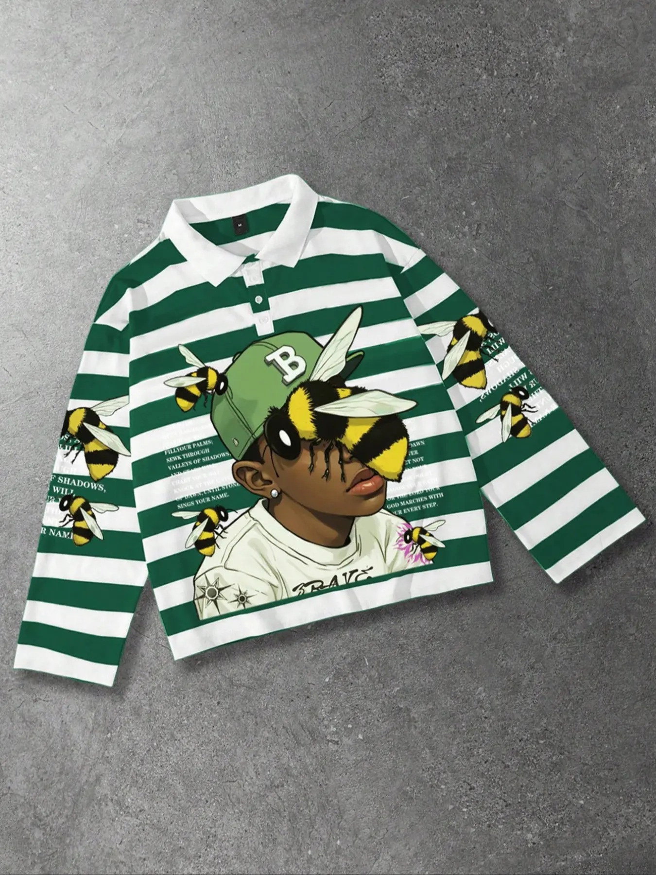 Green & White Striped Polo Collar Long-Sleeve Unisex T-Shirt with Rap & Bee Print, European and American Streetwear Style