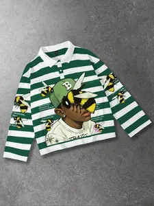 Green and white striped polo long sleeved men's T-shirt with rap bee print pattern and striped polo collar long sleeved shirt for European and American street life, unisex long T-shirt in ins style Streetwear Fashion