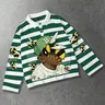 Green & White Striped Polo Collar Long-Sleeve Unisex T-Shirt with Rap & Bee Print, European and American Streetwear Style, Casual Basic Fashion