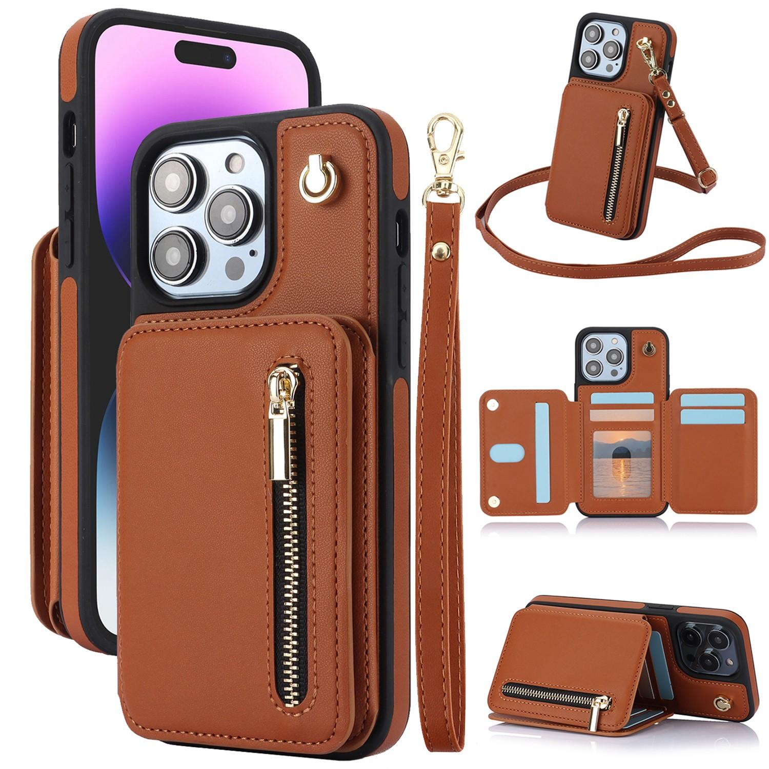 for iPhone 17 Pro Max 16 15 14 13 12 11 Lanyard Leather Zipper Wallet Card Phone Case Hand Rope Cover PU Leather Flip Cover with Hand Strap, with Strap Credit Card Slots Crossbody with Zipper