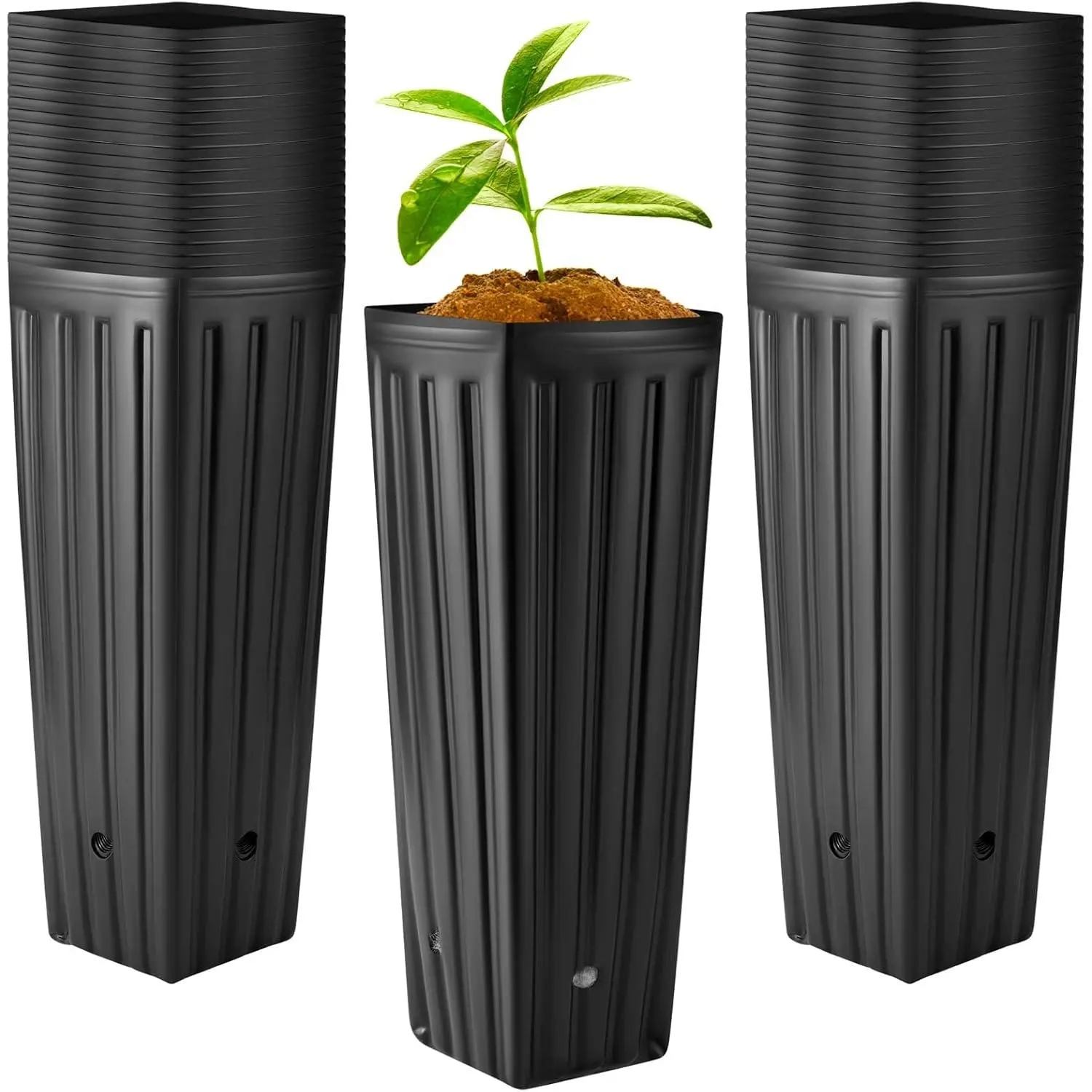 100 Pcs Tall Tree Pot Plastic Deep Plant Nursery Pots Black Seedling Treepots Flower Plant Container with Drainage Holes for Indoor Outdoor Gardening (11.8" H X 3.9" W)