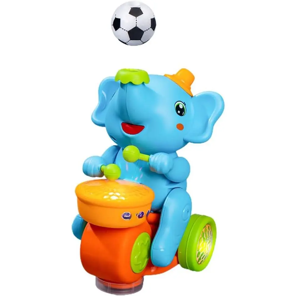 Drumming Elephant Car Toy, Multifunctional Musical Toy with Blow Floating Ball and Tricycle, Lights and Music, 2 Foam Balls (Blue)