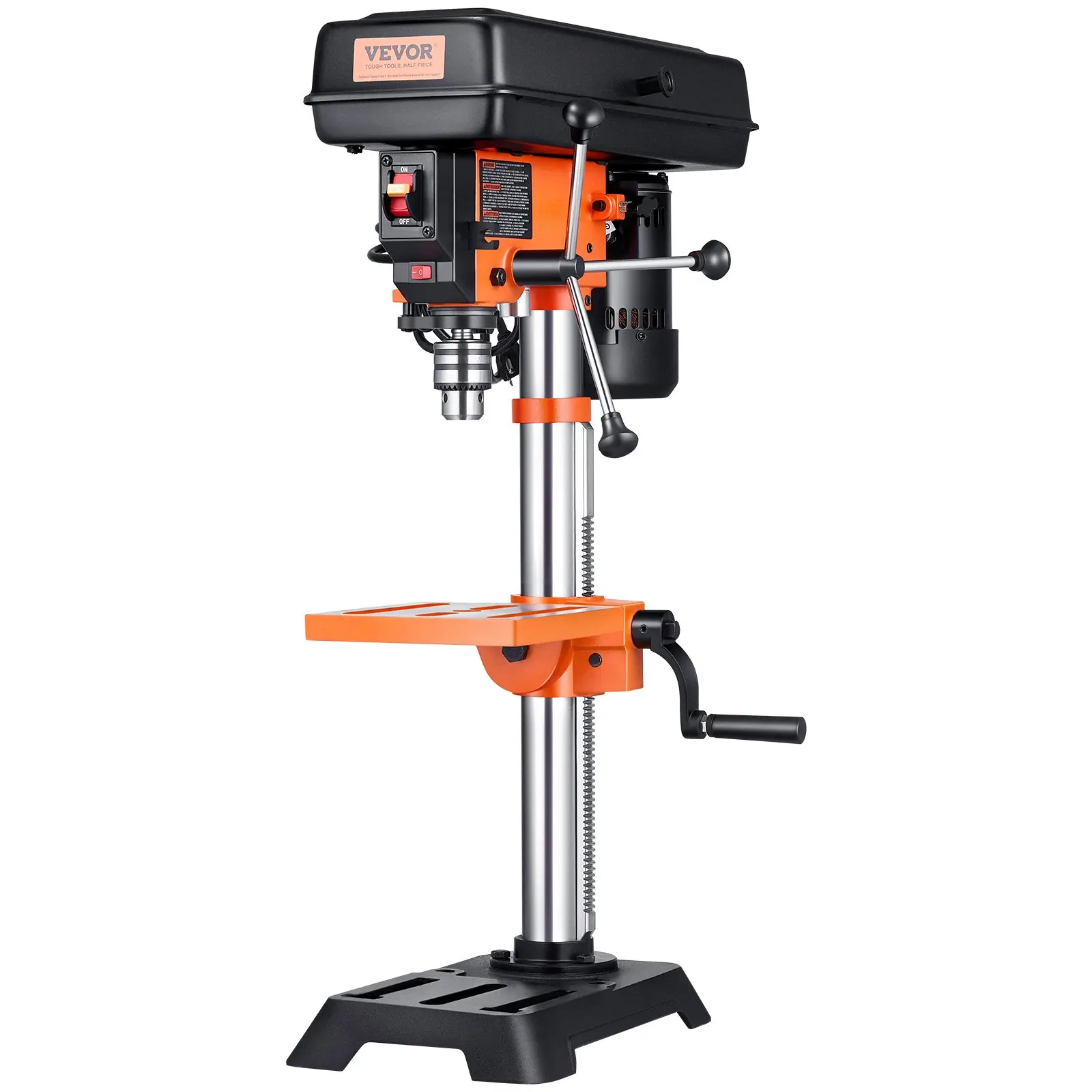 VEVOR Benchtop Drill Press, 3.2 Amp, 5-Speed Adjustable Drill Press with 650/1050/1800/2350/3100 RPM, 10-inch Swing, Cast Iron Frame, 0-45 Tiltling Worktable, Work Light, for Drilling Wood Metal