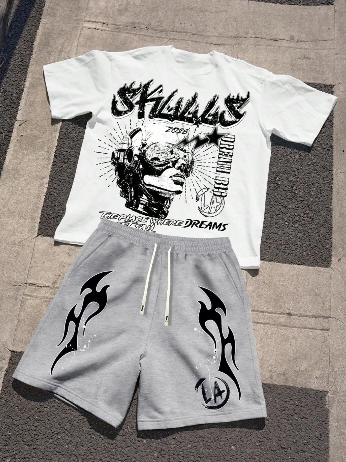 Men's Summer Set, Letter Pattern Print Round Neck T-Shirt + Outdoor Sport Casual Drawstring Shorts, Fashionable Daily Wear