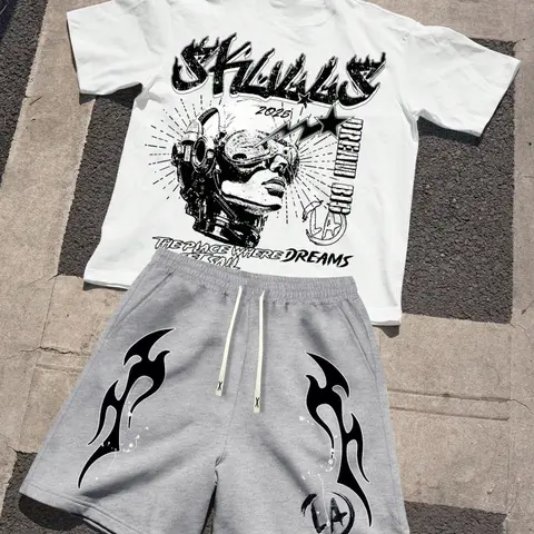 Men's Summer Set Letter Pattern Print Round Neck T-Shirt + Outdoor Sport Casual Drawstring Shorts for Daily Wear Two Piece Set