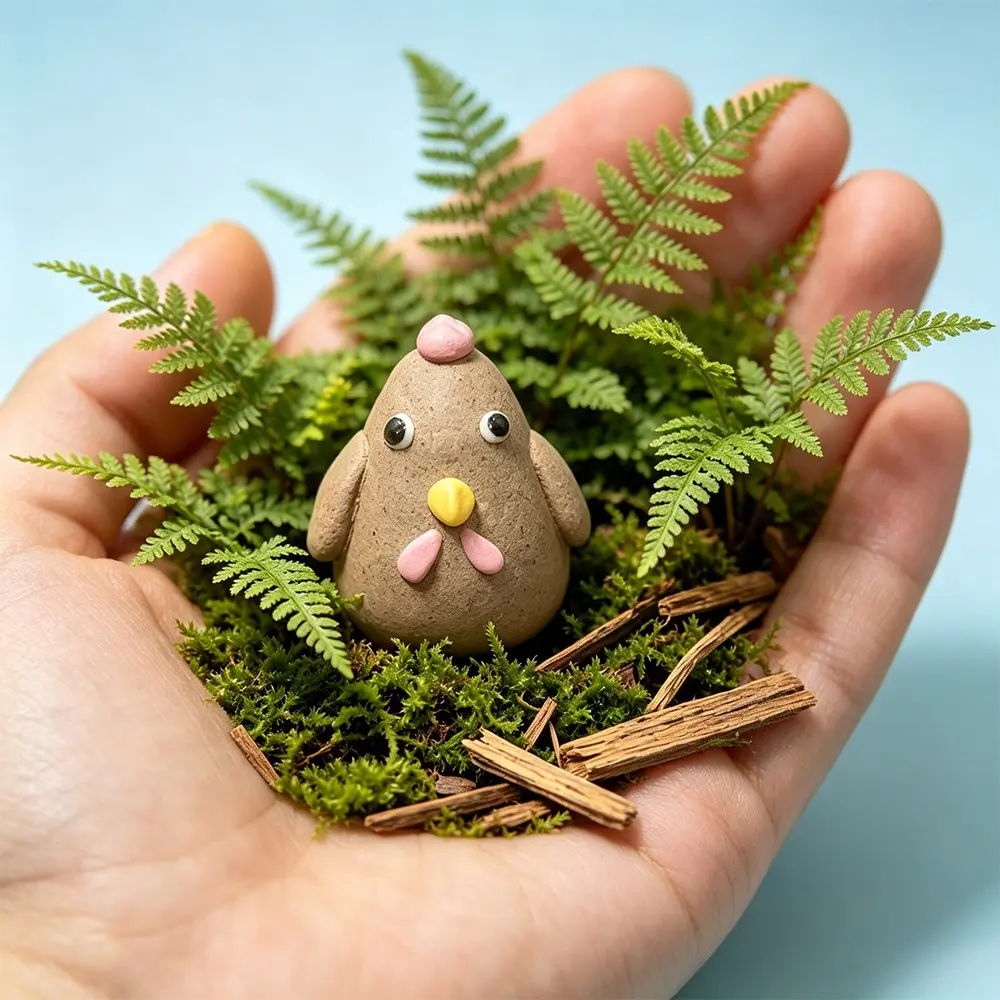 Handmade Ceramic Chicken Figurine, Mini Rough Clay Chicken Ornament, Moss Terrarium Decor, Cute Cartoon Small Statue for Potted Plants, Garden Micro Landscape Accessory, Ins Style Desk Home Decor, Kawaii Craft Gift for Succulent Pot Arrangement,