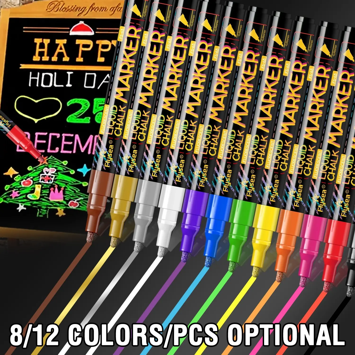 8/12 Color Liquid Chalk Pen, 1.0mm Broad Tip, Erasable Markers for Whiteboard, Blackboard, Window, Glass, Car, Vibrant Colors