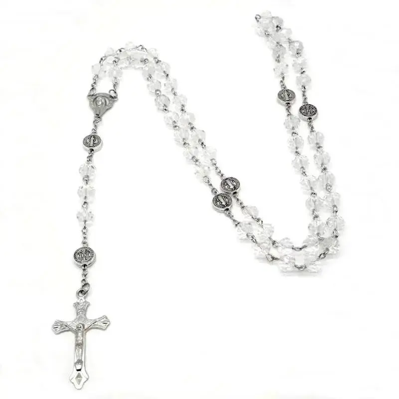 Colorful Crystal Beaded Long Chain Cross Crucifix Pendant Necklace For Women, Elegant Catholic Religious Statement Jewelry, Delicate Faith Accessory Perfect For Daily Styling And Thoughtful Baptism Gift Selection For Adult Female Believers