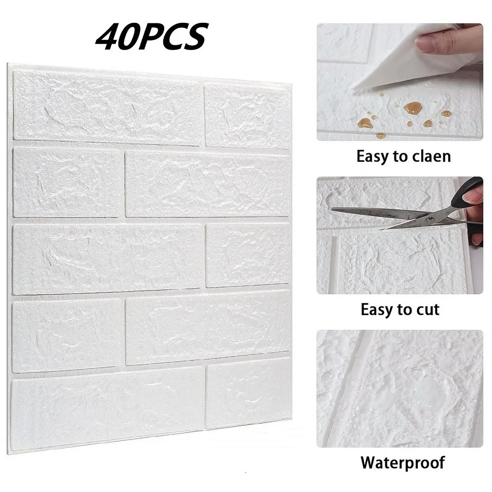 40pcs Foam Brick Wall Decor Stickers, Self-Adhesive Waterproof Stainproof Wallpaper, Customizable Cuttable Splicable Wall Covering for Bedroom Living Room
