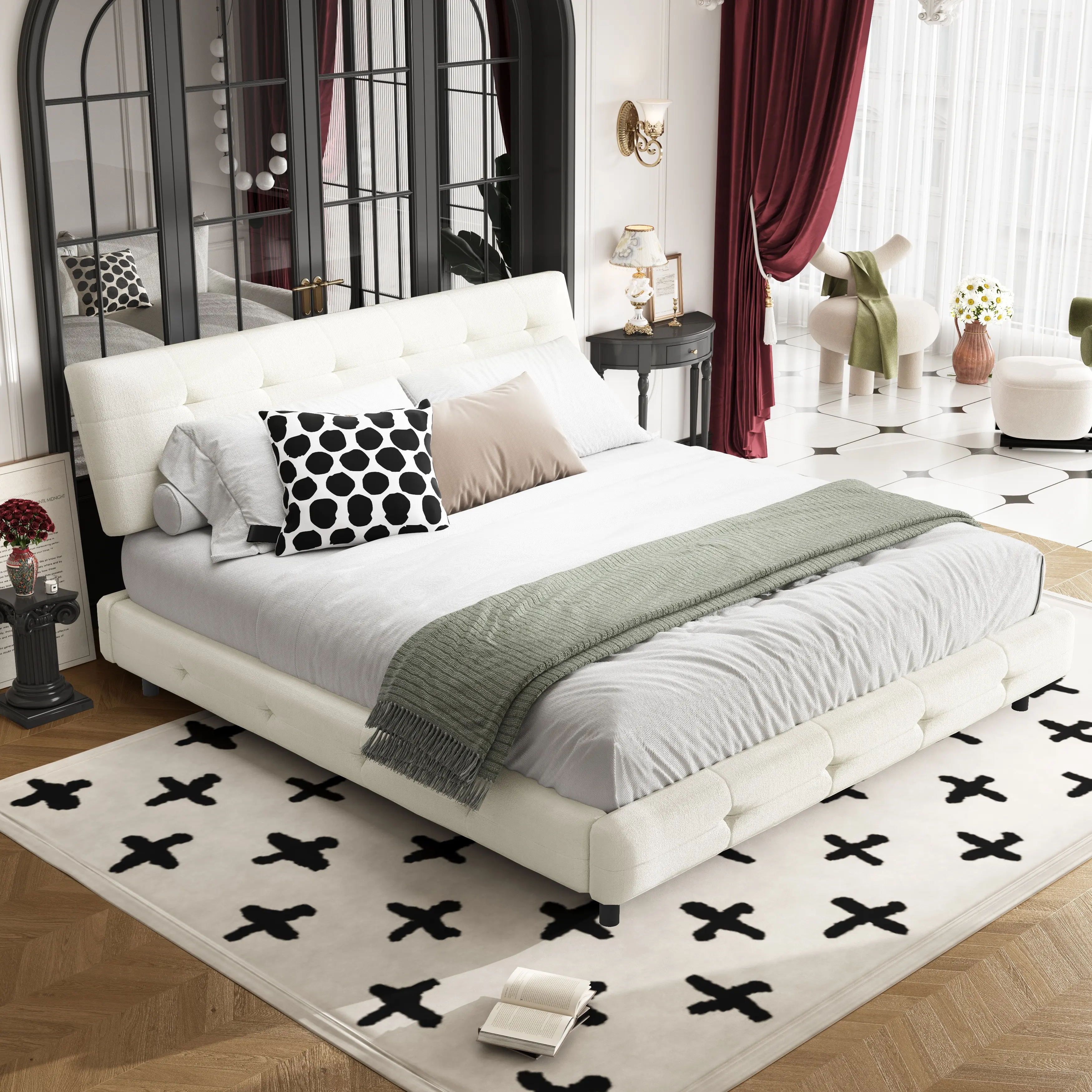Nokaa King Size Bed Frame with Tufted Headboard and Extra-Large Cloud Pillow, Chenille Upholstered Platform Bed, Metal and Wooden Slats Double Support, Solid Stable Noise-Free, Beige/White, No Box Spring Needed