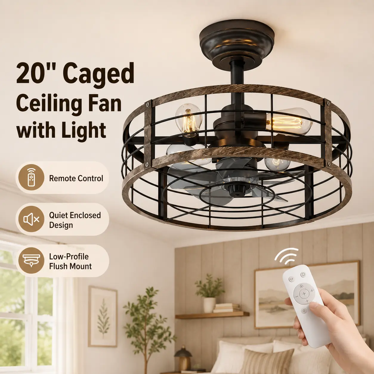 Bladeless Caged Ceiling Fan with Light – 20 Inch Fandelier, Remote Control, 10%-100% Dimmable, Rustic Farmhouse Style, Brushed Gold Finish, Ideal for Kitchen and Bedroom