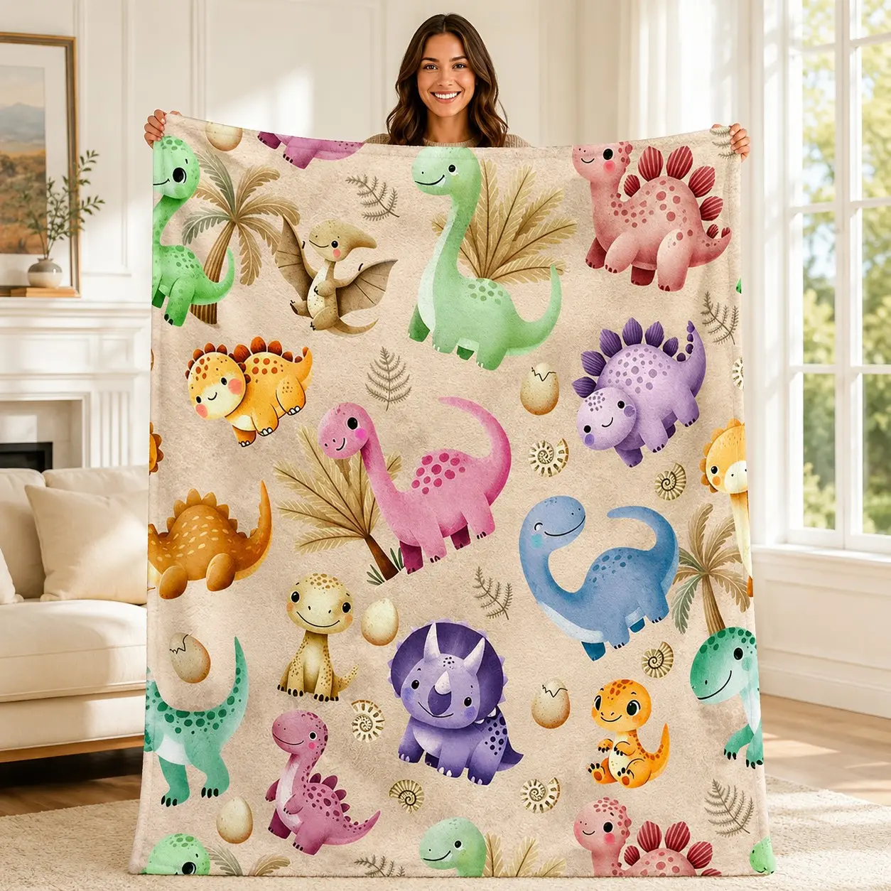 1PC Light Beige Background Watercolor Cartoon Color Dinosaur Palm Leaf Dinosaur Egg All Over Print Flannel Blanket, Soft Skin-Friendly Anti-Pilling Machine Washable Lightweight Warm, Suitable For All Seasons For Kids Room Sofa Rest, Bedroom Naps, Baby Nap