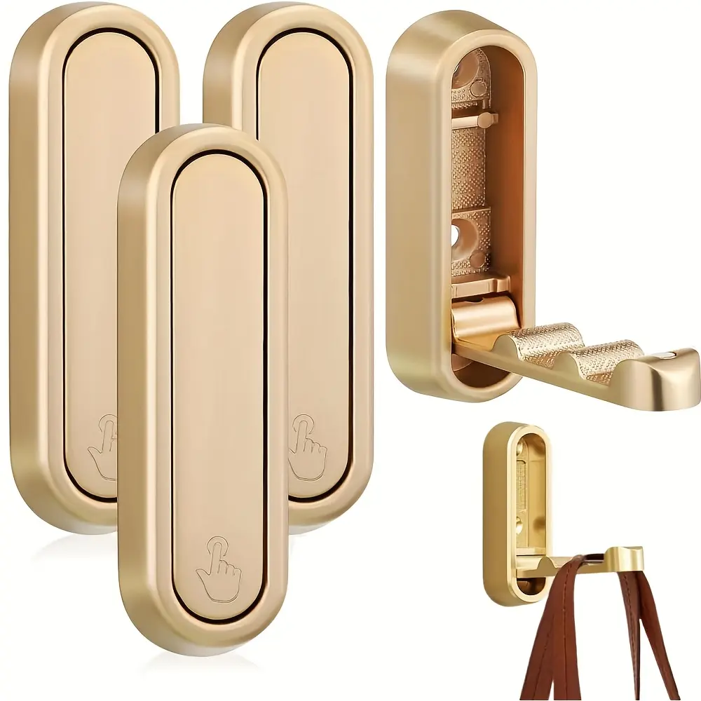 4-pack of foldable coat hooks, gold-colored foldable wall hooks, heavy-duty foldable hooks, bathroom towel hooks, bathrobe hooks, wall-mounted, for hanging coats, towels, clothes, hats, bags, and keys
