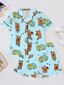 Kids Cartoon Pajama Set, Short Sleeve Fitted Sleepwear, Cute Blue Holiday Party, Comfortable Home Wear for All Seasons