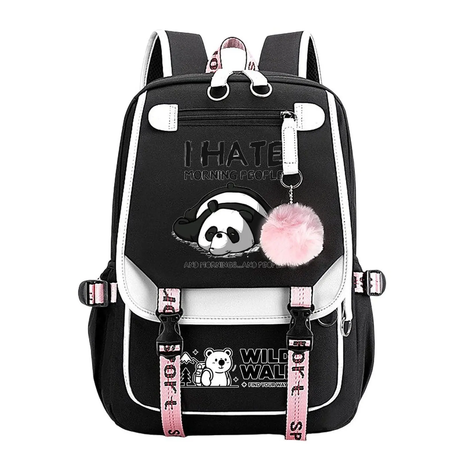 Lazy Panda Cute Cotton Unisex Backpack - One Size (11.4in×18.1in), "I Hate Morning People" Print, Water-Resistant Durable Large-Capacity Zip Bag with Multi-Pocket Organizer, for Teen Boys, Back to School Haul, Commuting, Camping, Birthday Gift
