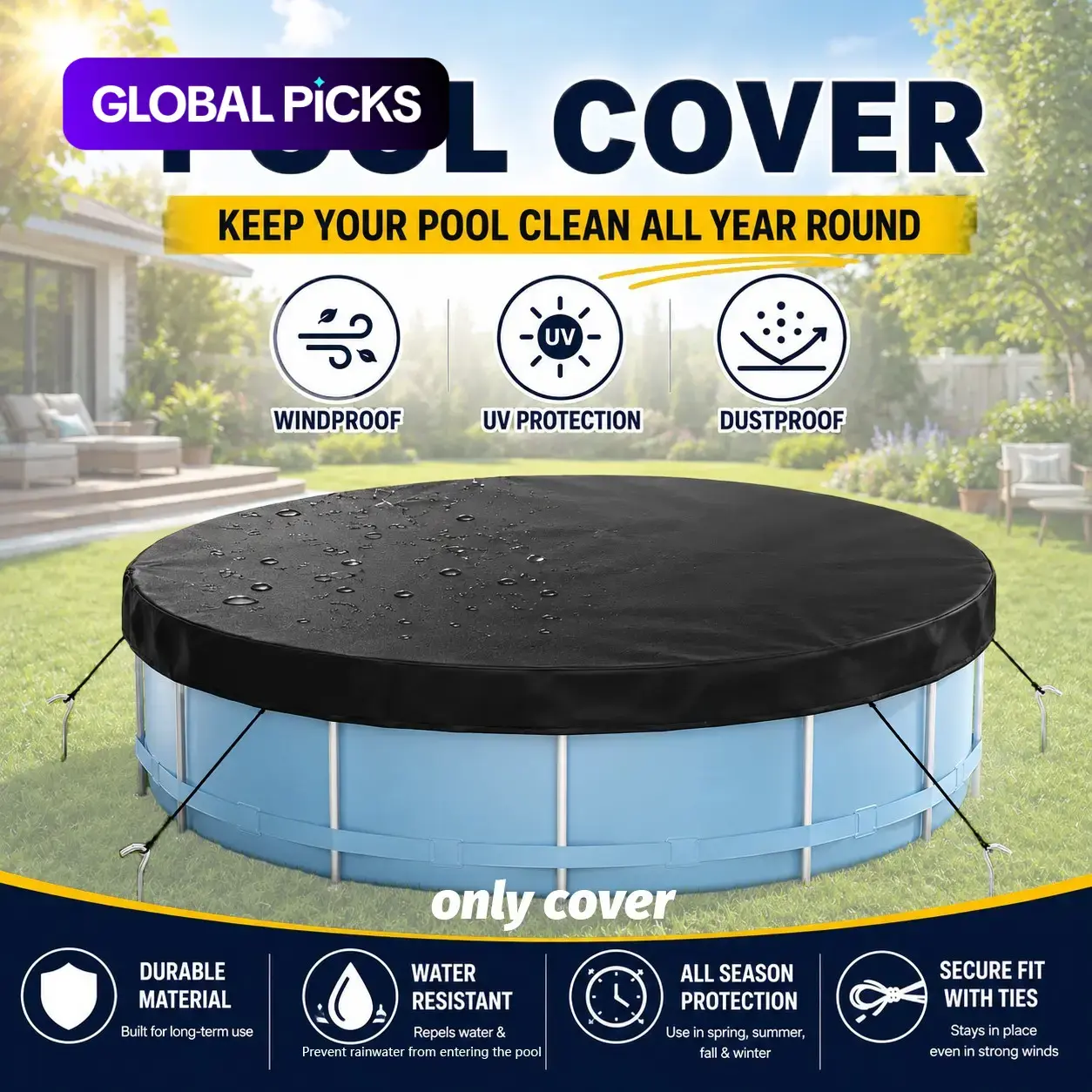 Round Above Ground Pool Cover, Pool Shade, UV-Resistant Solar Heat Tarp, With Tie Ropes and Ground Stakes, Durable Heat Protection for Outdoor Swimming Pools #GLOBAL PICKS