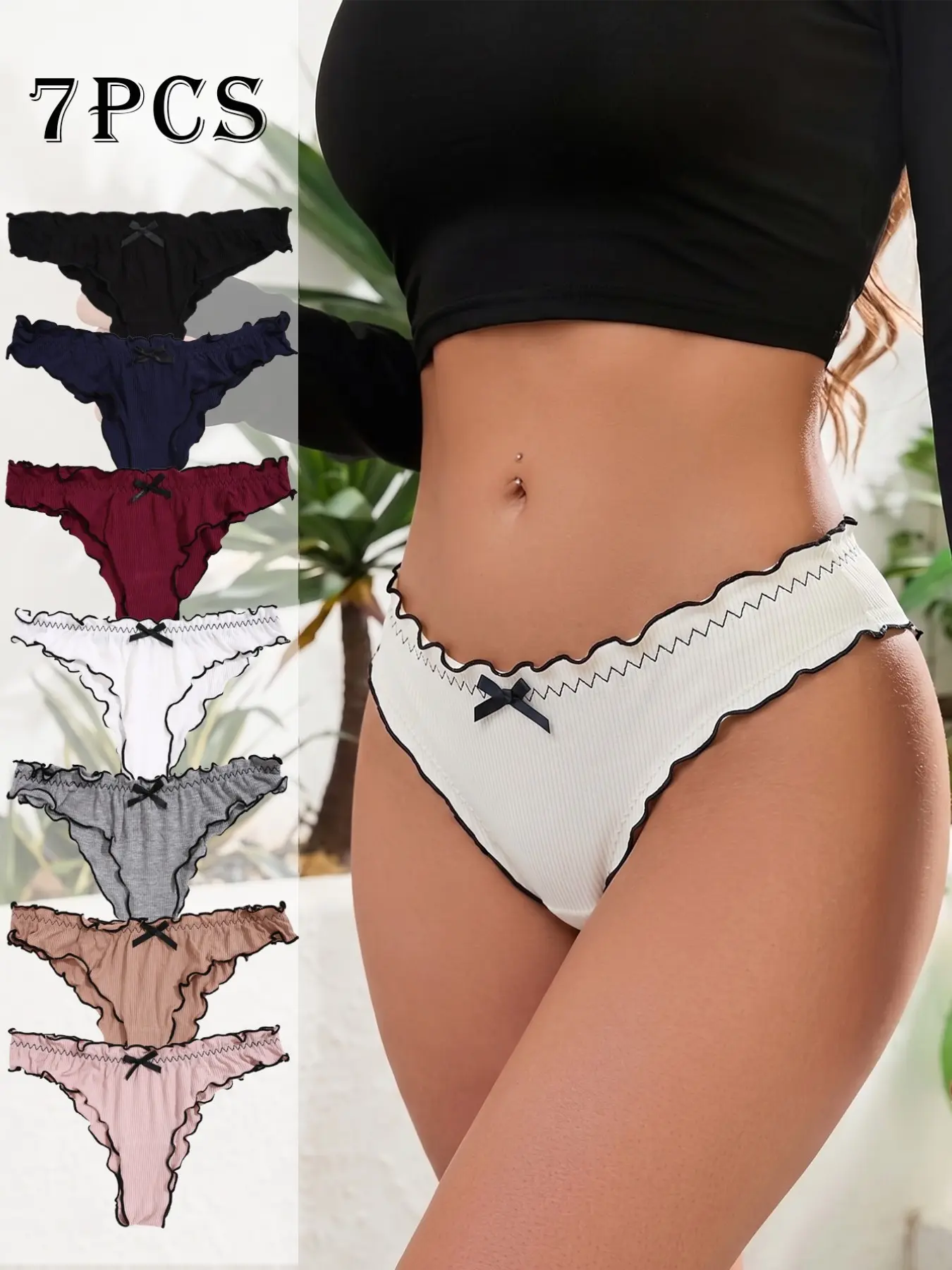 Women's Ruffle Thong Underwear, Cute Bow Decoration Low Waist Basic Casual Triangle Panties, Breathable Ribbed Fabric Seamless Bikini Underwear