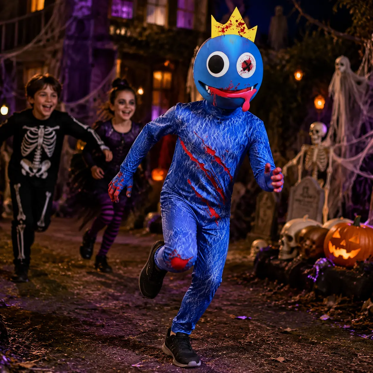 Kids' Halloween Roblox Rainbow Friends Blue Monster Cosplay Jumpsuit Onesie - Game Character Dress-Up Outfit for Boys, Girls, Cosplay Event, Cartoon Print, Machine Washable, Polyester Fiber