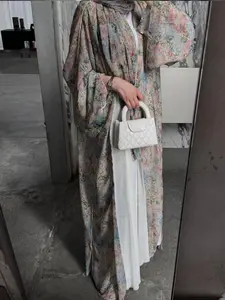 Elegant Arabic Traditional Open Front Long Sleeve Floral Print Abaya Dress Modesty Muslim Clothing with Headscarf, Oversized Fit, All Seasons Wear, Abaya Hijab Set