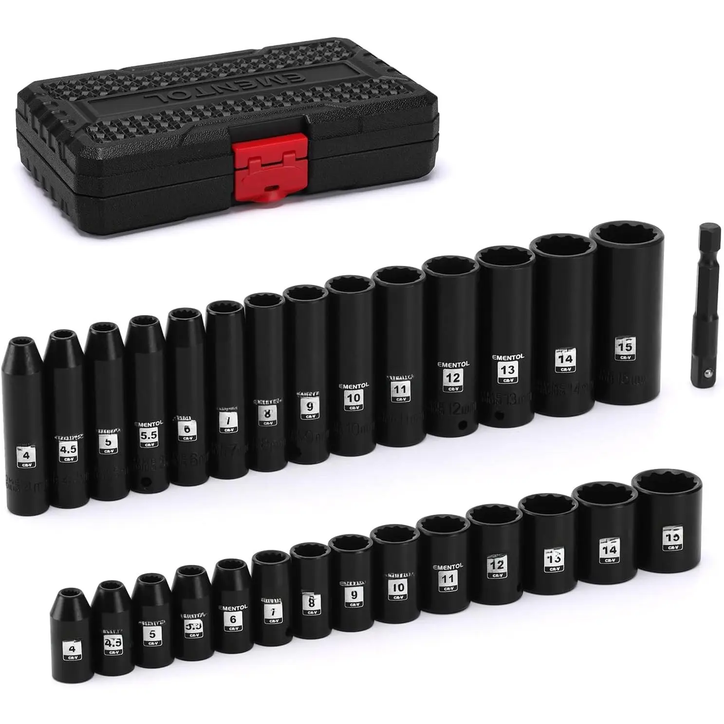 1/4" Drive  Socket Set, 29 count Deep & Shallow Socket Set, Metric 4-15mm, 12 Point CR-V, Includes Drill Bit Adapter