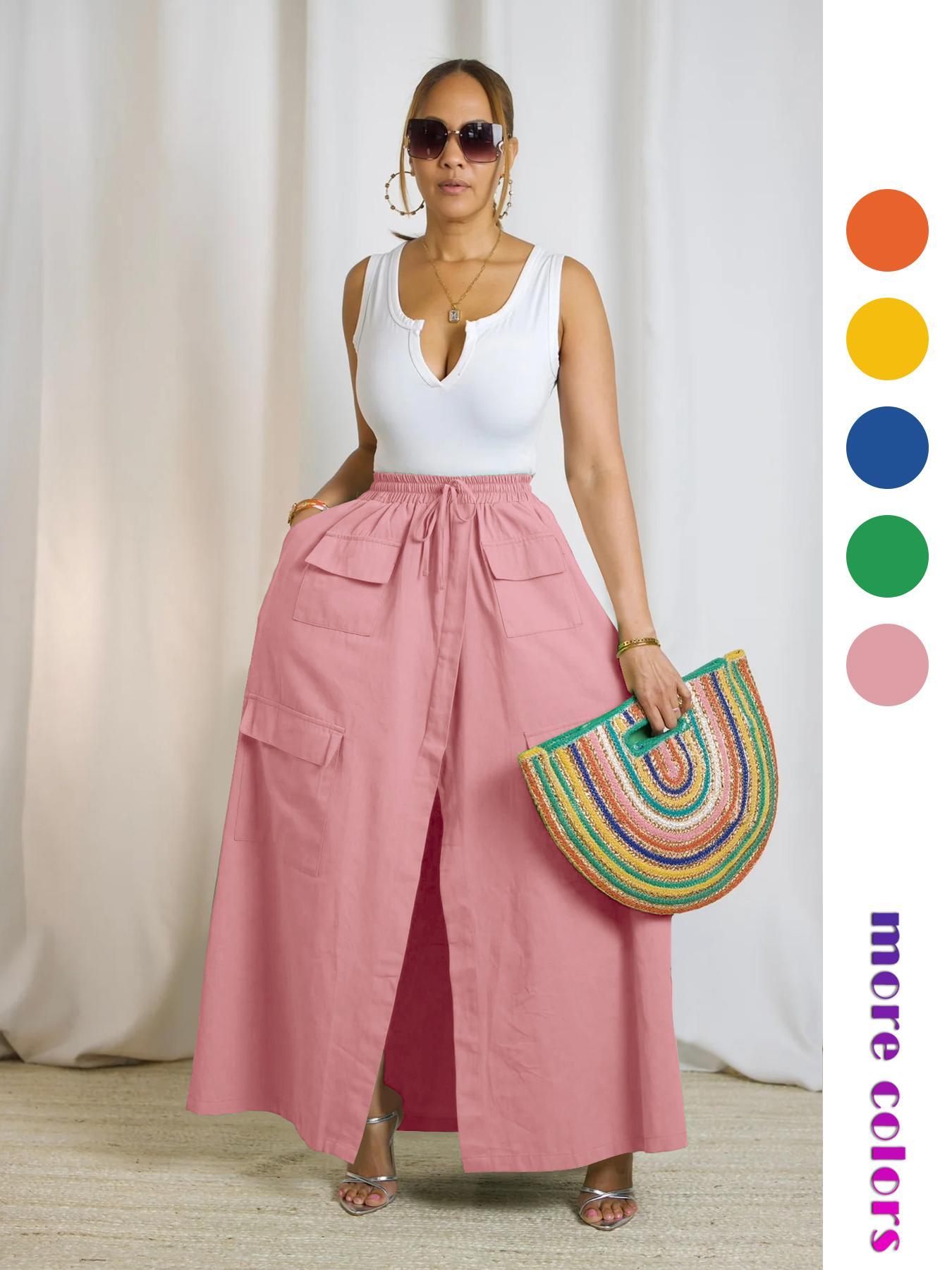 Women's Plain Drawstring High Waist  Skirt, Casual Boho Pocket Wrap Skirt for Summer, Ladies Bottoms for Beach Holiday Vacation