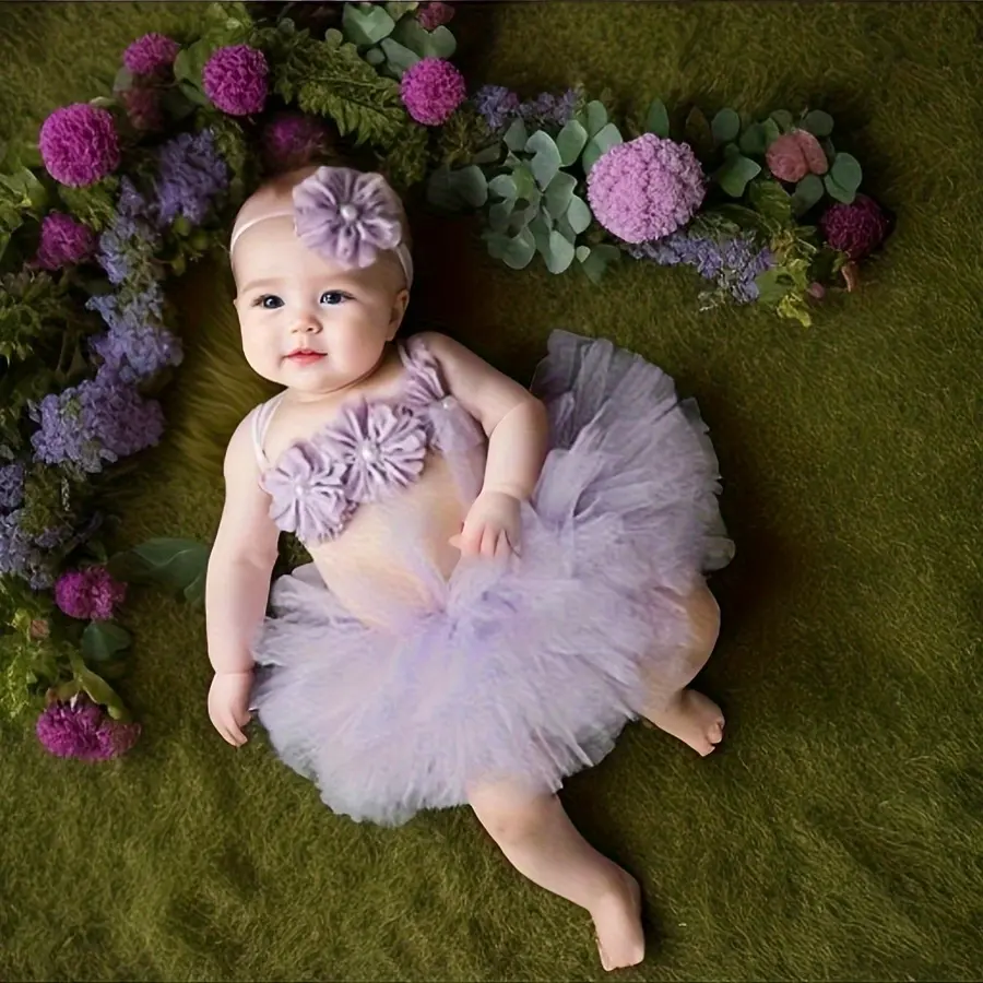 Unisex Newborn Tutu Skirt Set - Chiffon Lace Outfit with Flower Accents, Photography Prop Includes Skirt & Polyester Base, Newborns
