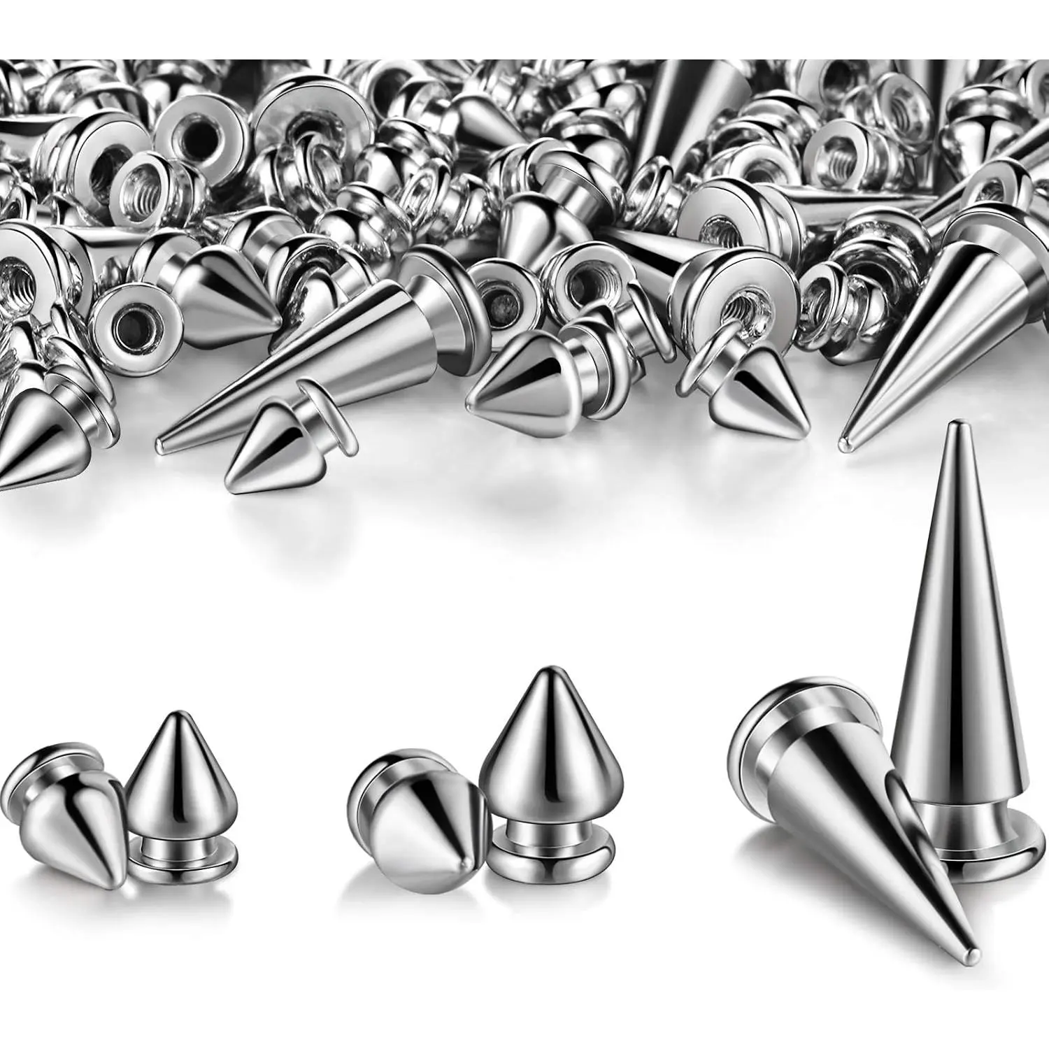 170 Pieces Multiple Sizes Silver Metal Cone Spikes Screwback Studs Rivets for Punk Style Clothing Accessories DIY Craft Decoration