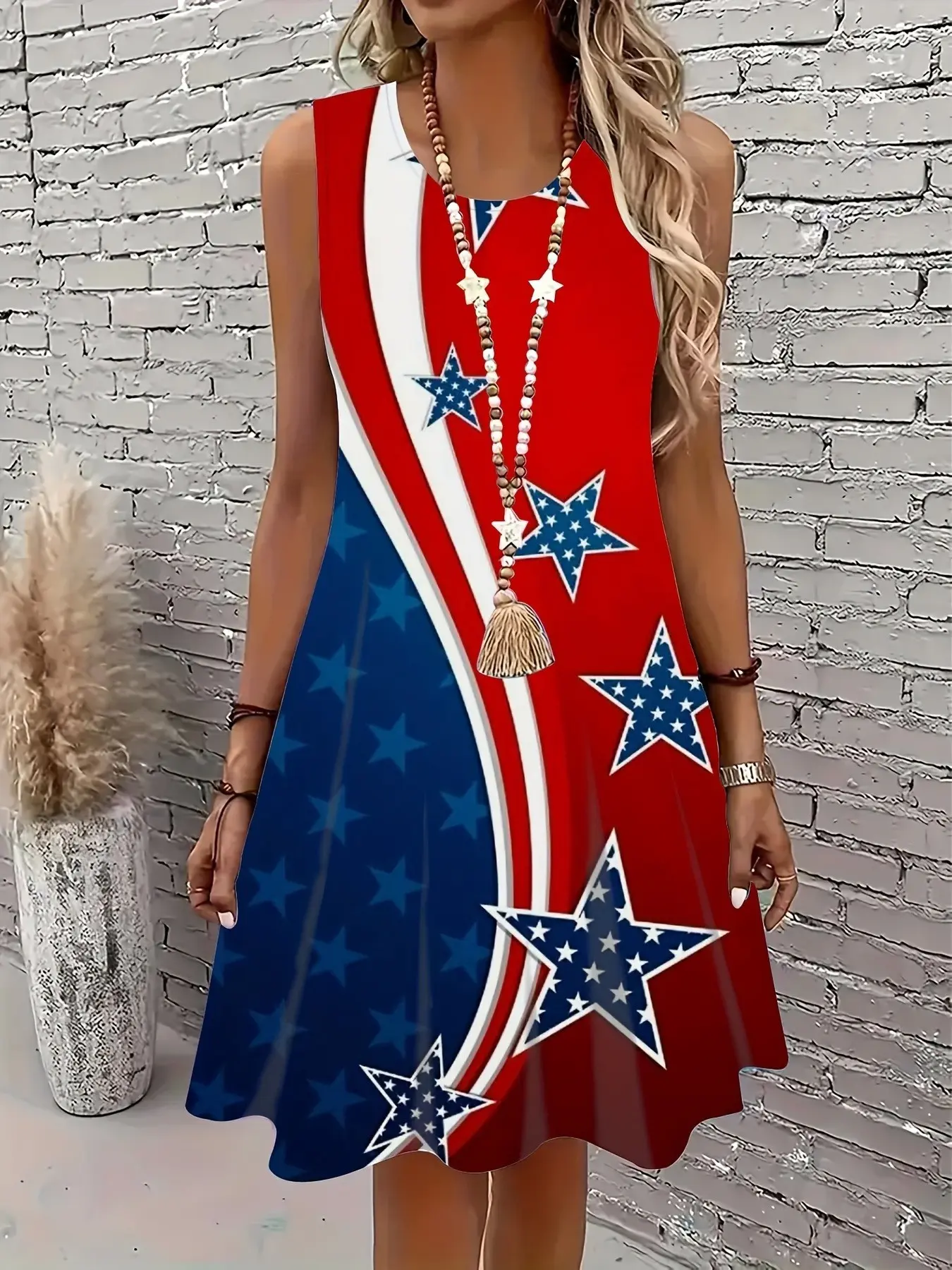 Independence Day Celebration Sleeveless A-line Summer Dress with Star Stripe and Five Star Print, Versatile Casual Women's Clothing for Multiple Scenarios