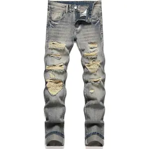 Men's Ripped Slim Fit Straight Leg Jean Denim Pant