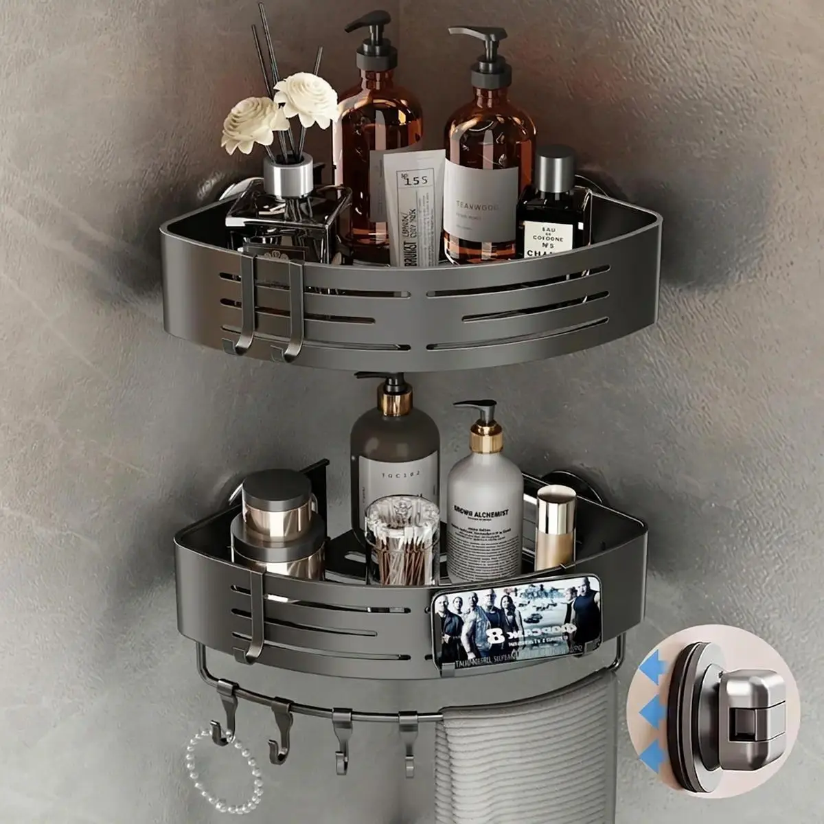 2026 New Suction Cup Corner Shower Shelf, ALUMINUM MATERIAL grade, No-Drill Bathroom Corner Shelf, Strong, Waterproof Suction Cup, Bathroom Organizers and Storage Countertop for Bathroom Kitchen