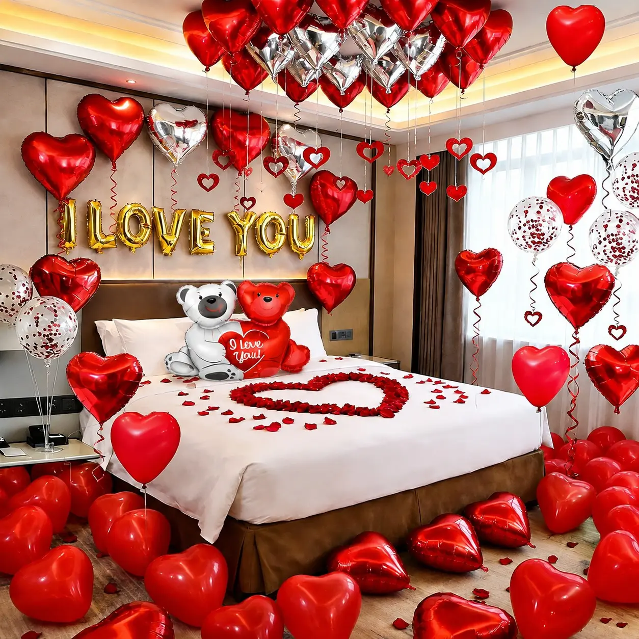 54pcs I Love You Heart Balloons Valentines Decoration with 50 Hanging 1000 Silk Rose Petal Bear Heart Shaped Silver Red Balloons for Romantic Night Wedding Anniversary Decor Valentines Party
